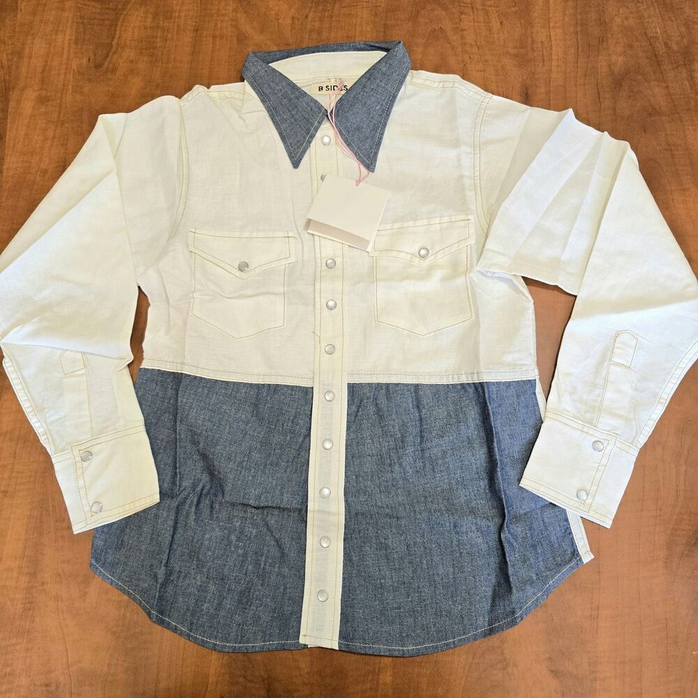 NEW B Sides Pearl Snap Double Pocket Colorblock Cotton Denim Western Shirt S